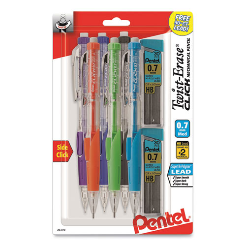 Image of Pentel® Twist-Erase Click Mechanical Pencil, 0.7 Mm, Hb (#2.5), Black Lead, Assorted Barrel Colors, 6/Pack