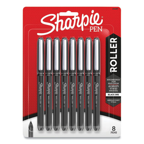 Professional Design Roller Ball Pen, Stick, Fine 0.5 mm, Black Ink, Black Barrel, 8/Pack