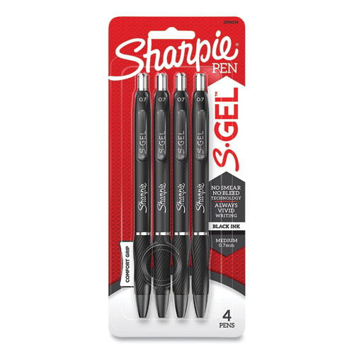 S-Gel High-Performance Gel Pen, Retractable, Medium 0.7 mm, Black Ink, Black Barrel, 4/Pack