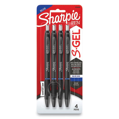 S-Gel High-Performance Gel Pen, Retractable, Fine 0.5 mm, Blue Ink, Black Barrel, 4/Pack