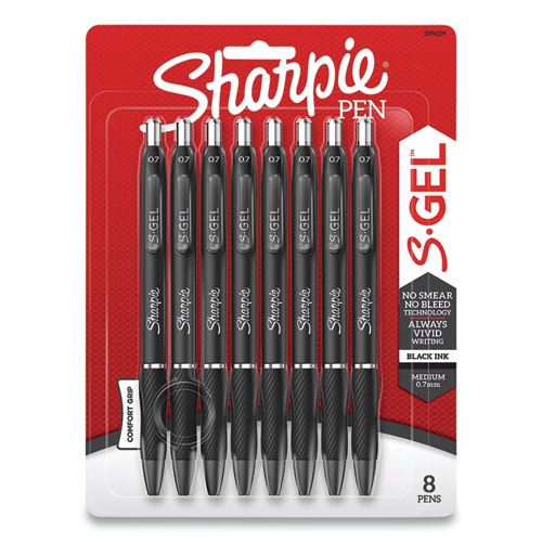 Image of S-Gel High-Performance Gel Pen, Retractable, Medium 0.7 mm, Black Ink, Black Barrel, 8/Pack