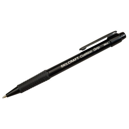 7520014244865 SKILCRAFT Cushion Grip Ballpoint Pen, Retractable, Medium 1 mm, Black Ink, Black Barrel, Dozen
