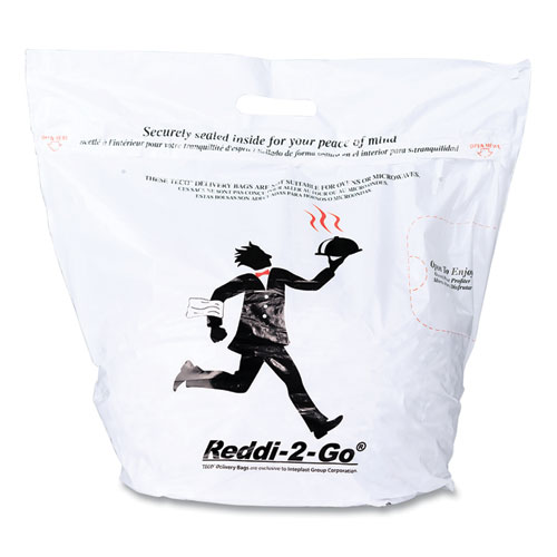 Tamper Evident Carry Out Bag, Reddi-2-Go: Waiter Icon Labeling, Cut-Out Handles, 11" x 20" x 17", White, 250/Carton