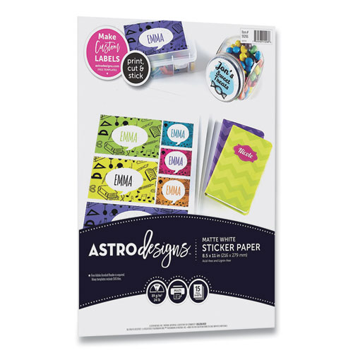 Astrodesigns Sticker Paper Labels, Inkjet/Laser Printers, 8.5 x 11, White, 15/Pack