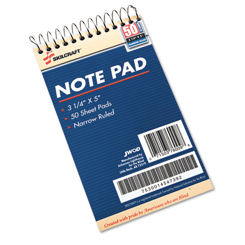 7530014547392 SKILCRAFT Notepad, Narrow Rule, Blue Cover, 50 White 3.25 x 5.5 Sheets, Dozen