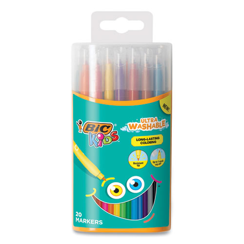 Kids Ultra Washable Markers in Plastic Tube, Medium Bullet Tip, Assorted Colors, 20/Pack