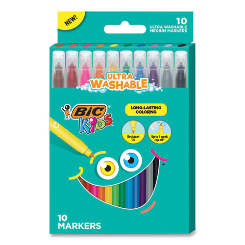 Bic® Kids Ultra Washable Markers, Medium Bullet Tip, Assorted Colors, 10/Pack