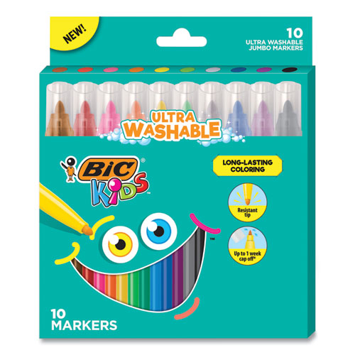 Kids Ultra Washable Jumbo Markers, Medium Bullet Tip, Assorted Colors, 10/Pack