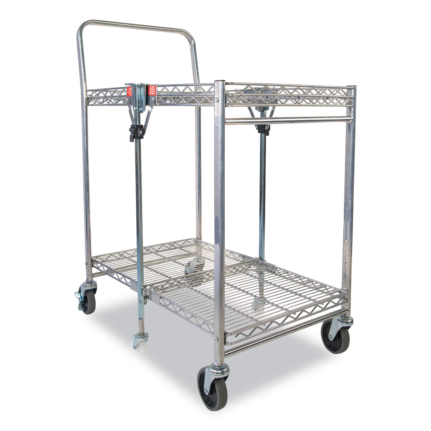 Stowaway Folding Carts, 2 Shelves, 29.63w x 37.25d x 18h, Chrome, 250 lb Capacity