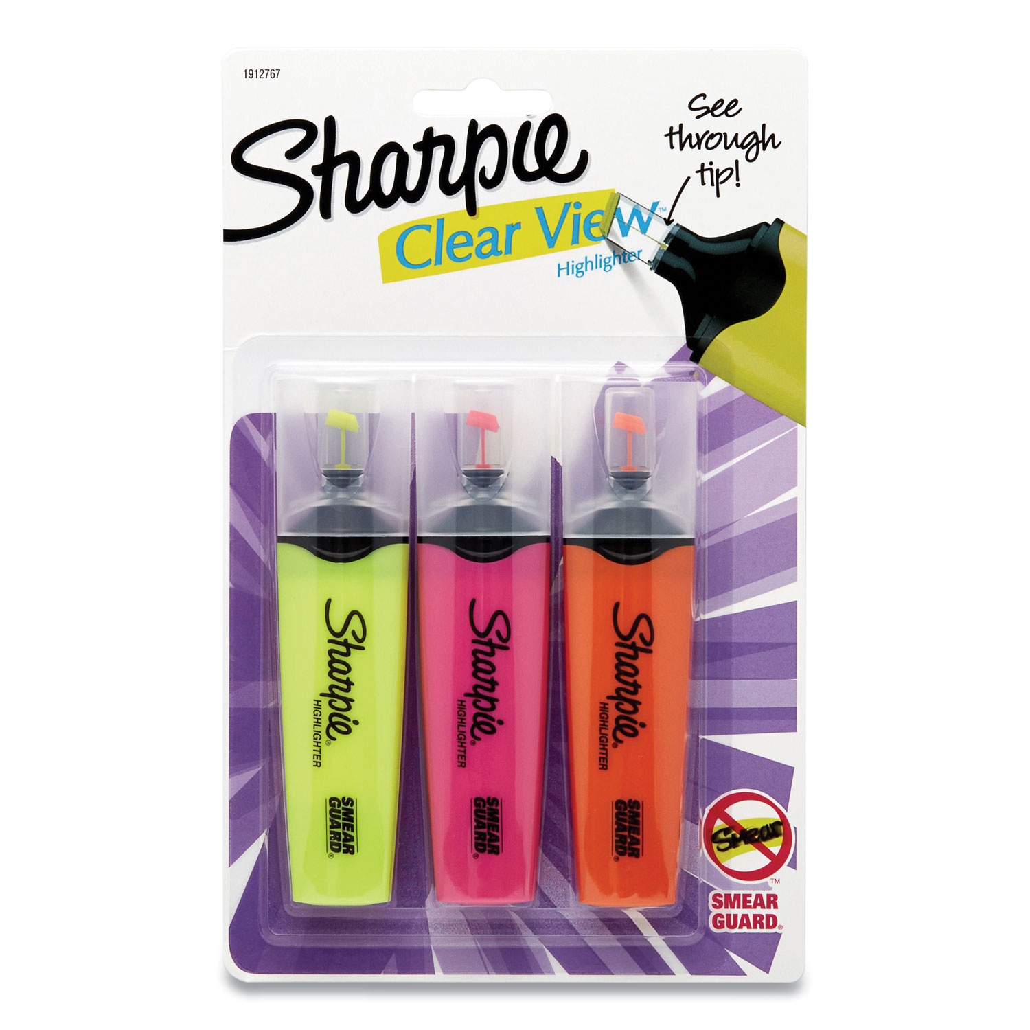 Sharpie® Clearview Tank-Style Highlighter, Assorted Ink Colors, Chisel Tip, Assorted Barrel Colors, 3/Pack