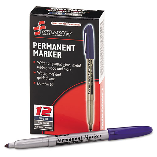 7520015114319 SKILCRAFT Fine Point Permanent Marker, Fine Bullet Tip, Blue, Dozen