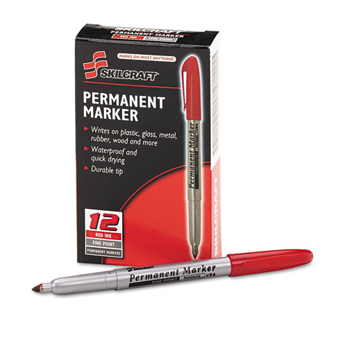7520015114324 SKILCRAFT Fine Point Permanent Marker, Fine Bullet Tip, Red, Dozen