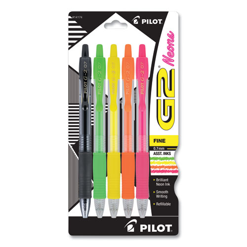 G2 Neon Retractable Gel Pen, Fine 0.7 mm, Assorted Neon Ink/Barrel, 5/Pack