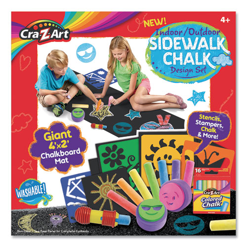 Washable Sidewalk Chalk Design Set with Stamps, Stencils, and 4 ft x 2 ft Chalkboard Mat, 16 Assorted Colors