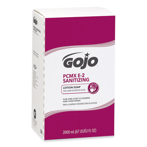 Image of Gojo® E2 Sanitizing Lotion Soap With Pcmx, For Pro Tdx Dispenser, Fragrance-Free, 2,000 Ml Refill Bag-In-Box, 4/Carton