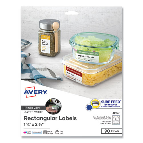 Image of White Dissolvable Labels w/ Sure Feed, 1.25 x 2.38, White, 90/PK