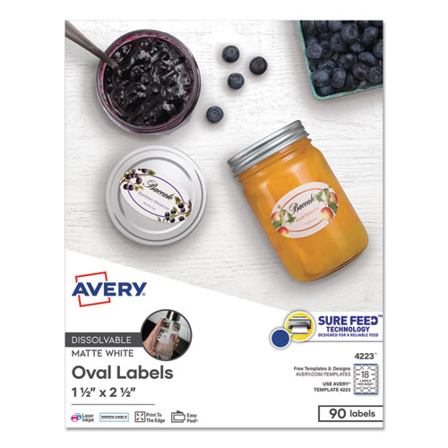 Avery® White Dissolvable Labels W/ Sure Feed, 1.5 X 2.5, Oval, White, 90/Pk