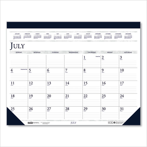 Recycled Academic Desk Pad Calendar, 22 x 17, White/Blue Sheets, Blue Binding/Corners, 14-Month (July to Aug): 2023 to 2024
