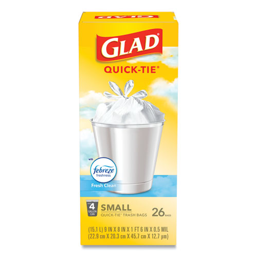 Image of Glad® Odorshield Quick-Tie Small Trash Bags, 4 Gal, 0.5 Mil, 8" X 18", White, 26 Bags/Box, 6 Boxes/Carton
