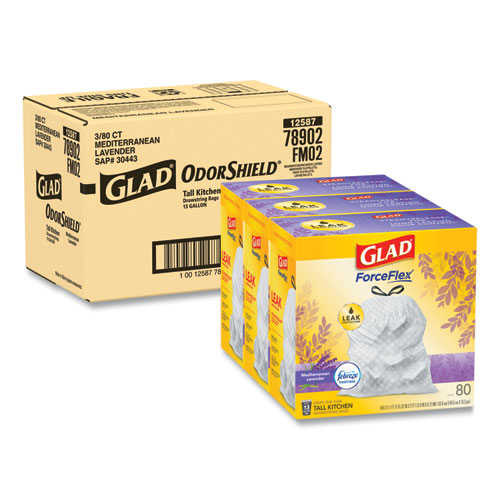 Glad® OdorShield Tall Kitchen Drawstring Bags, 13 gal, 0.72 mil, 24" x 27.38", White, 80 Bags/Box, 3 Boxes/Carton
