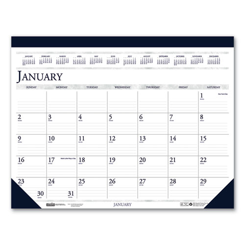 House of Doolittle™ Recycled Two-Color Perforated Monthly Desk Pad Calendar, 22 x 17, Blue Binding/Corners, 12-Month (Jan-Dec): 2024