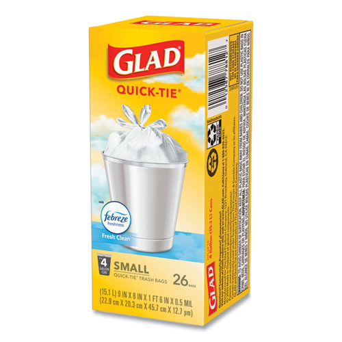 Image of Glad® Odorshield Quick-Tie Small Trash Bags, 4 Gal, 0.5 Mil, 8" X 18", White, 26 Bags/Box, 6 Boxes/Carton