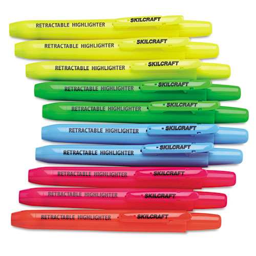 7520015548208 SKILCRAFT Retractable Highlighter, Assorted Ink Colors, Chisel Tip, Assorted Barrel Colors, 10/Set