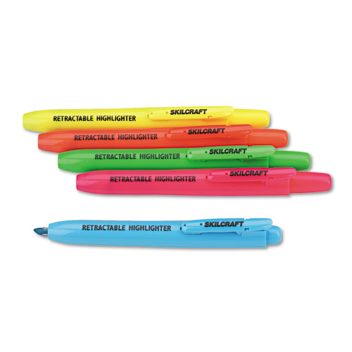 7520015548211 SKILCRAFT Retractable Highlighter, Assorted Ink Colors, Chisel Tip, Assorted Barrel Colors, 5/Set