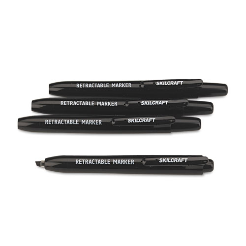 7520015550297 SKILCRAFT Retractable Permanent Marker, Broad Chisel Tip, Black, 4/Pack