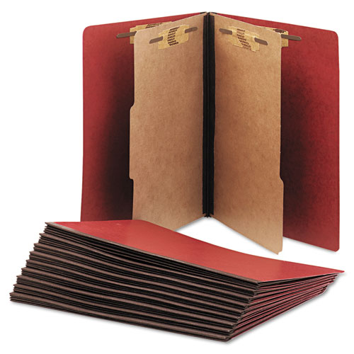 7530015567912 SKILCRAFT Pressboard Top Tab Classification Folder, 2 Dividers, 6 Fasteners, Letter Size, Earth Red, 10/Box