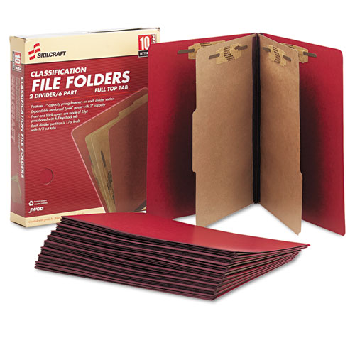 7530015567917 SKILCRAFT Pressboard Top Tab Classification Folder, 2 Dividers, 6 Fasteners, Letter Size, Dark Red, 10/Box