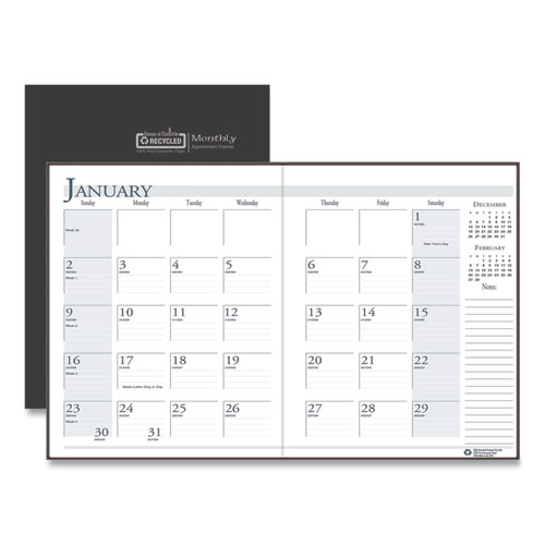 Recycled Ruled 14Month Planner with Leatherette Cover, 11 x 8.5, Black