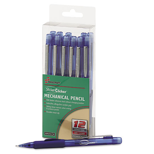 7520015654874 SKILCRAFT SlickerClicker Side Advanced Mechanical Pencil, 0.7mm, Black Lead, Trans Blue Barrel, Dozen