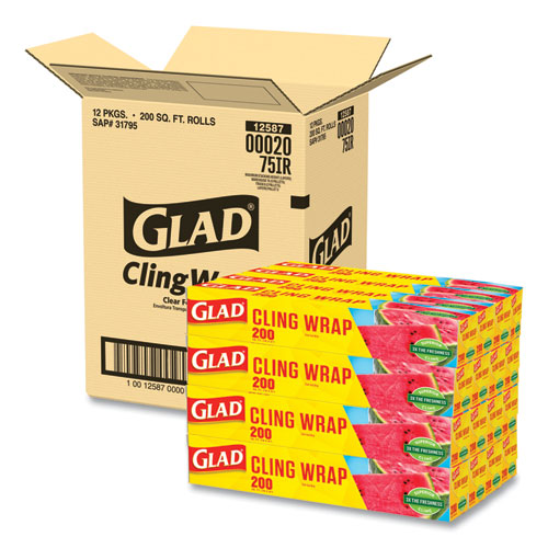 Glad® Clingwrap Plastic Wrap, 200 Square Foot Roll, Clear, 12 Rolls/Carton