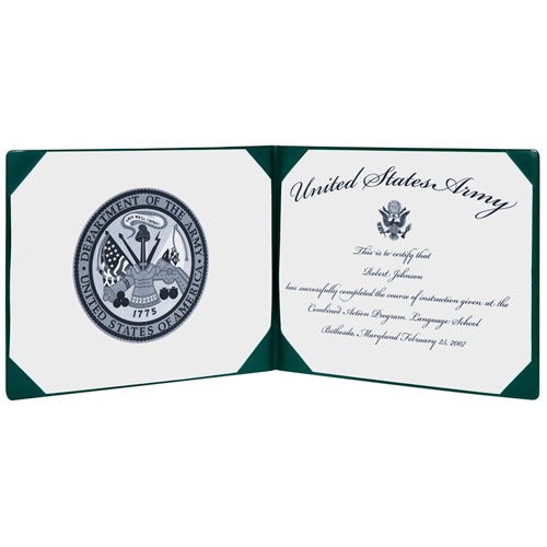 7510007557077 SKILCRAFT Award Certificate Holder, 8.5 x 11, Army Seal, Green/Gold