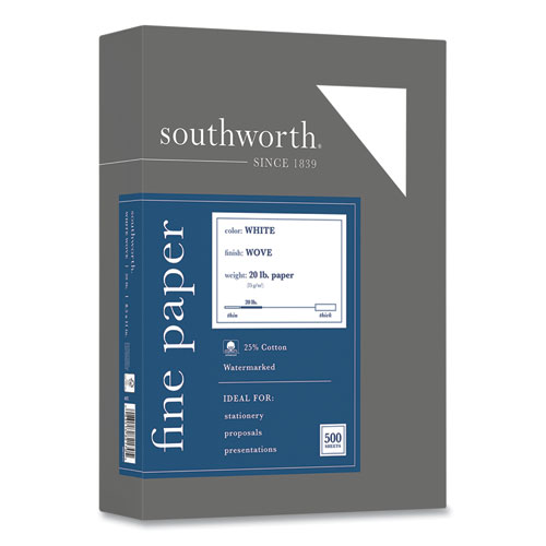 Image of Southworth® 25% Cotton Business Paper, 95 Bright, 20 Lb Bond Weight, 8.5 X 11, White, 500 Sheets/Ream