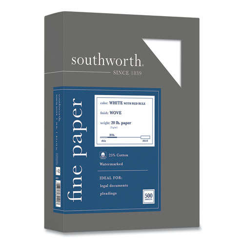 Southworth® 25% Cotton Business Paper, Red Margin Rule, 95 Bright, 20 Lb Bond Weight, 8.5 X 11, White, 500 Sheets/Ream