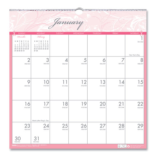 House of Doolittle™ Recycled Monthly Wall Calendar, Breast Cancer Awareness Artwork, 12 x 12, White/Pink/Gray Sheets, 12-Month (Jan-Dec): 2024