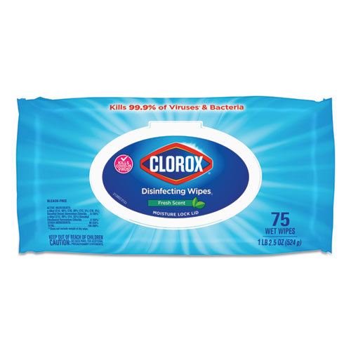 Image of Clorox® Disinfecting Wipes, Easy Pull Pack, 1-Ply, 8 X 7, Fresh Scent, White, 75 Towels/Box
