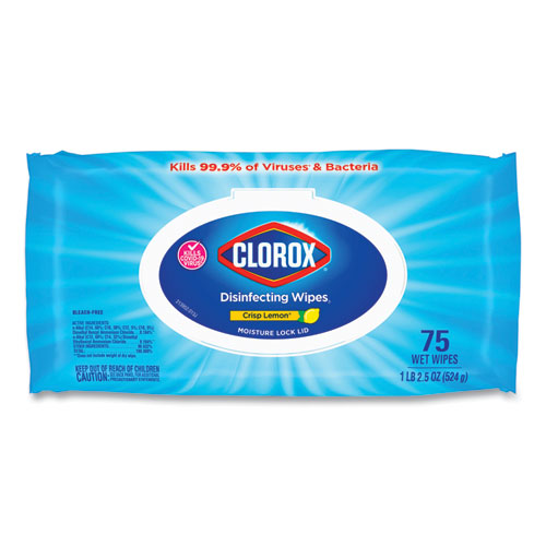 Image of Clorox® Disinfecting Wipes, Easy Pull Pack, 1-Ply, 8 X 7, Lemon Scent, White, 75 Towels/Box