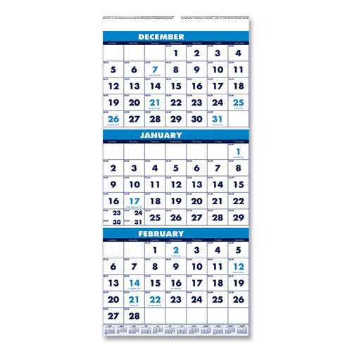 Recycled Three-Month Format Wall Calendar, Vertical Orientation, 8 x 17, White Sheets, 14-Month (Dec to Jan): 2023 to 2025