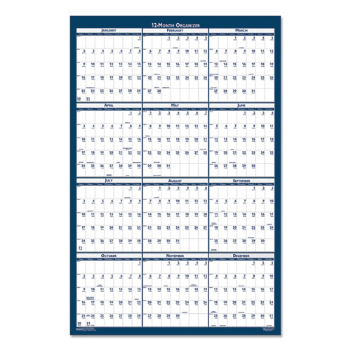 Recycled Poster Style Reversible/Erasable Yearly Wall Calendar, 24 x 37, White/Blue/Gray Sheets, 12-Month (Jan to Dec): 2024