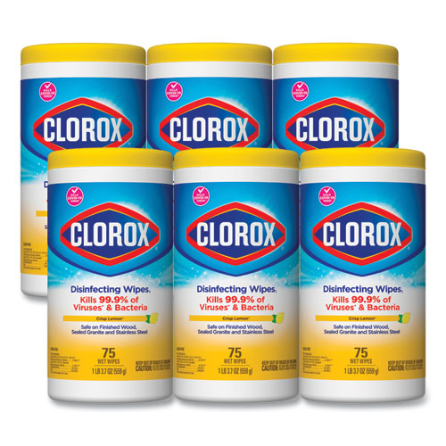 Image of Disinfecting Wipes, 7 x 7 3/4, Crisp Lemon, 75/Canister, 6 Canisters/Carton