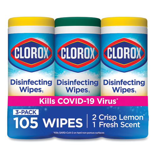 Clorox® Disinfecting Wipes, 1-Ply, 7 x 7.75, Crisp Lemon, White, 75/Canister, 6 Canisters/Carton