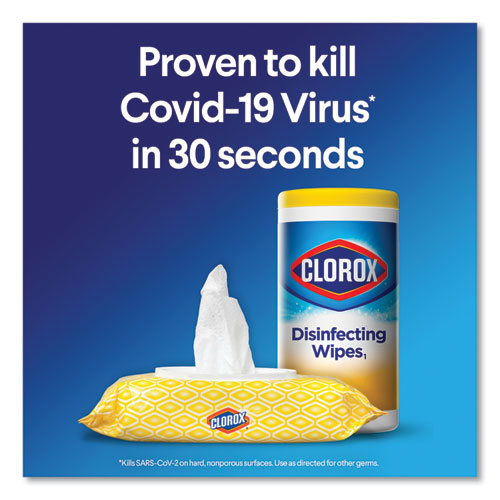 Image of Clorox® Disinfecting Wipes, 1-Ply, 7 X 7.75, Crisp Lemon, White, 75/Canister, 6 Canisters/Carton