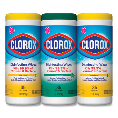 Image of Clorox® Disinfecting Wipes, 1-Ply, 7 X 8, Fresh Scent/Citrus Blend, White, 35/Canister, 3 Canisters/Pack