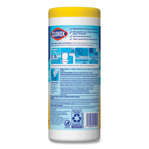 Image of Clorox® Disinfecting Wipes, 1-Ply, 7 X 8, Crisp Lemon, White, 35/Canister, 12 Canisters/Carton