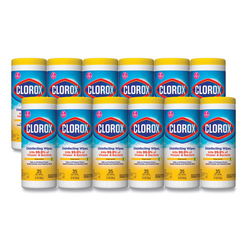 Clorox® Disinfecting Wipes, 7 x 8, Crisp Lemon, 35/Canister, 12/Carton