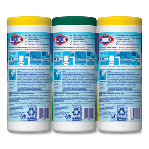 Image of Clorox® Disinfecting Wipes, 1-Ply, 7 X 8, Fresh Scent/Citrus Blend, White, 35/Canister, 3 Canisters/Pack