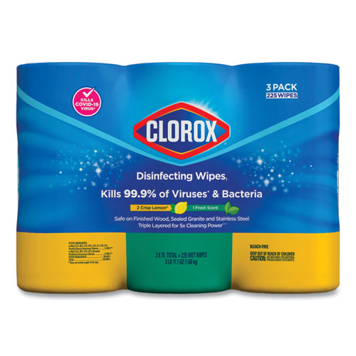 Image of Clorox® Disinfecting Wipes, 1-Ply, 7 X 8, Fresh Scent/Citrus Blend, White, 75/Canister, 3/Pack, 4 Packs/Carton